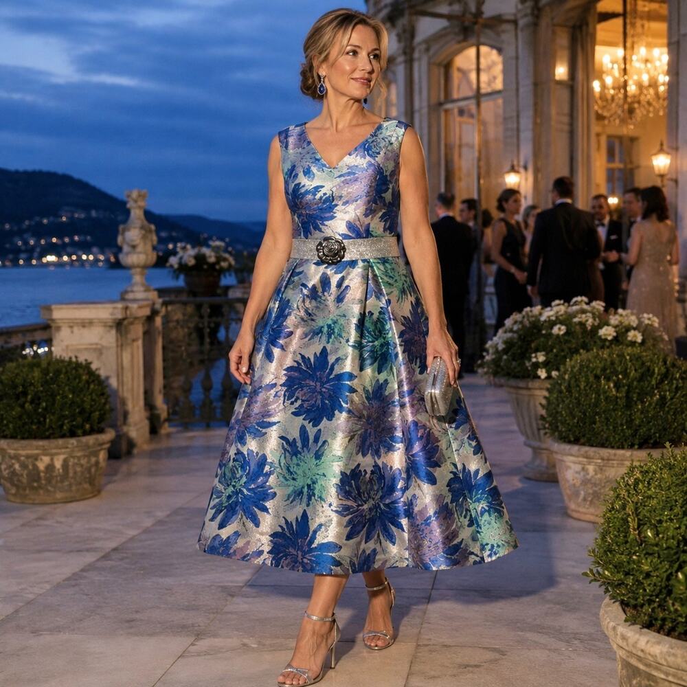 Adrianna Papell 16W Blue Silver Metallic Jacquard Midi Dress Pockets Wedding
